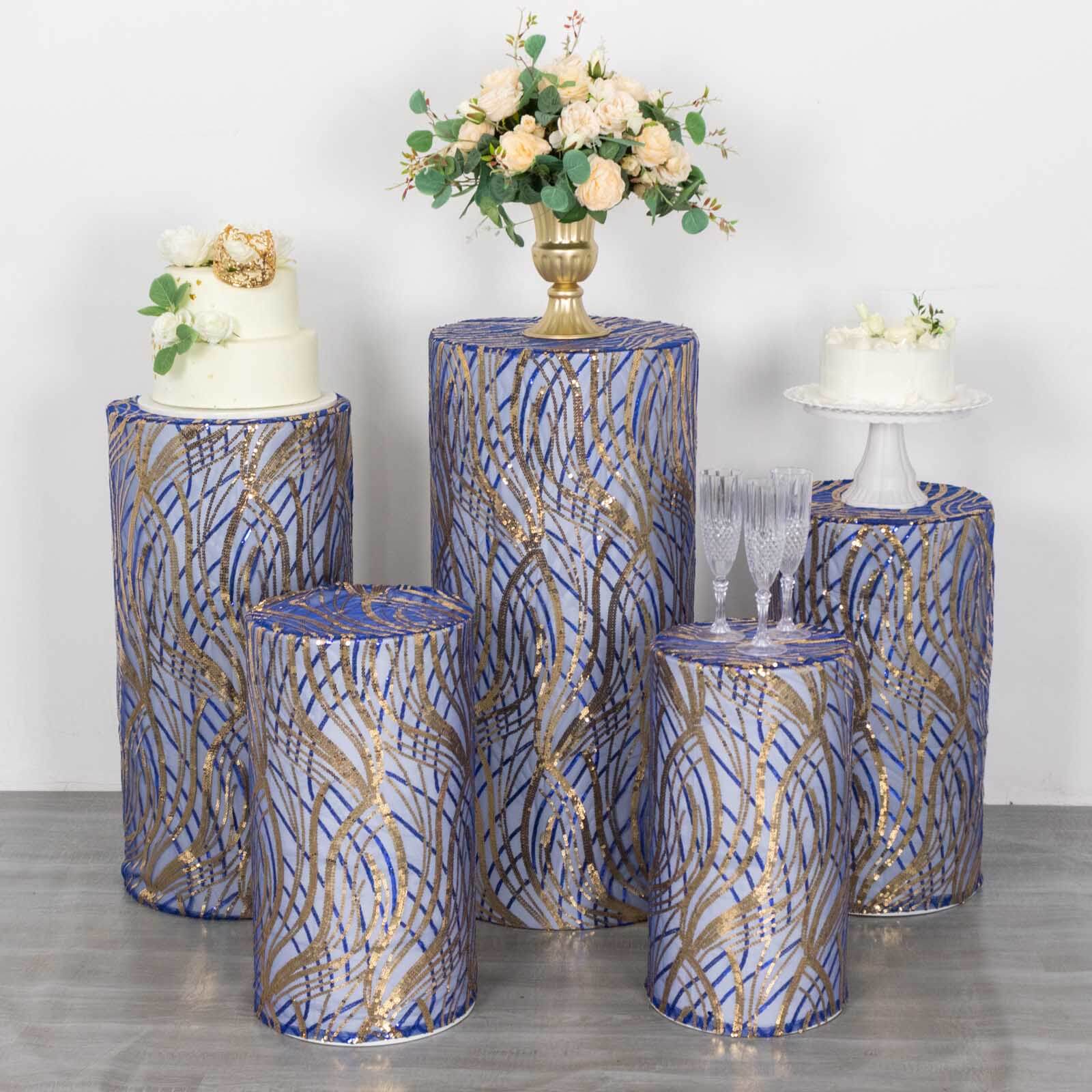 Set of 5 Royal Blue Wave Mesh Cylinder Pedestal Stand Covers with Embroidered Sequins, Pillar Prop Covers - 160 GSM - Bell Racket Store