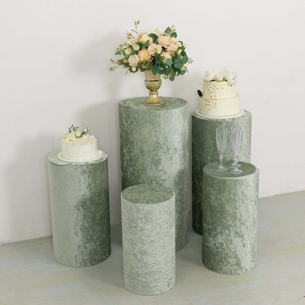 Set of 5 Sage Green Crushed Velvet Cylinder Pedestal Stand Covers, Premium Pillar Prop Covers - Bell Racket Store