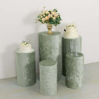 Set of 5 Sage Green Crushed Velvet Cylinder Pedestal Stand Covers, Premium Pillar Prop Covers - Bell Racket Store