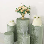 Set of 5 Sage Green Crushed Velvet Cylinder Pedestal Stand Covers, Premium Pillar Prop Covers - Bell Racket Store