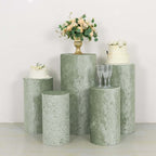 Set of 5 Sage Green Crushed Velvet Cylinder Pedestal Stand Covers, Premium Pillar Prop Covers - Bell Racket Store