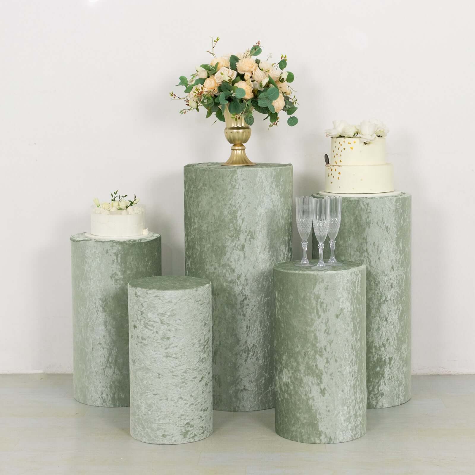 Set of 5 Sage Green Crushed Velvet Cylinder Pedestal Stand Covers, Premium Pillar Prop Covers - Bell Racket Store