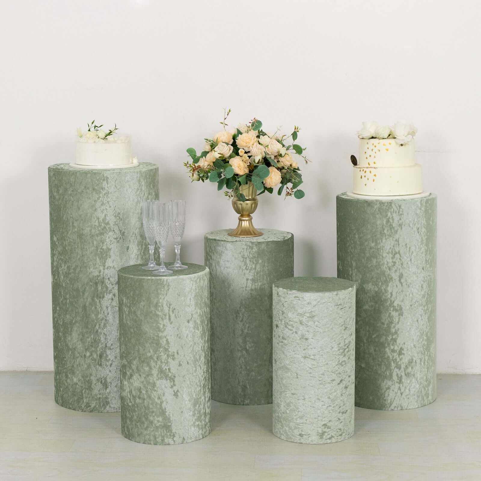 Set of 5 Sage Green Crushed Velvet Cylinder Pedestal Stand Covers, Premium Pillar Prop Covers - Bell Racket Store