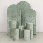 Set of 5 Sage Green Crushed Velvet Cylinder Pedestal Stand Covers, Premium Pillar Prop Covers - Bell Racket Store