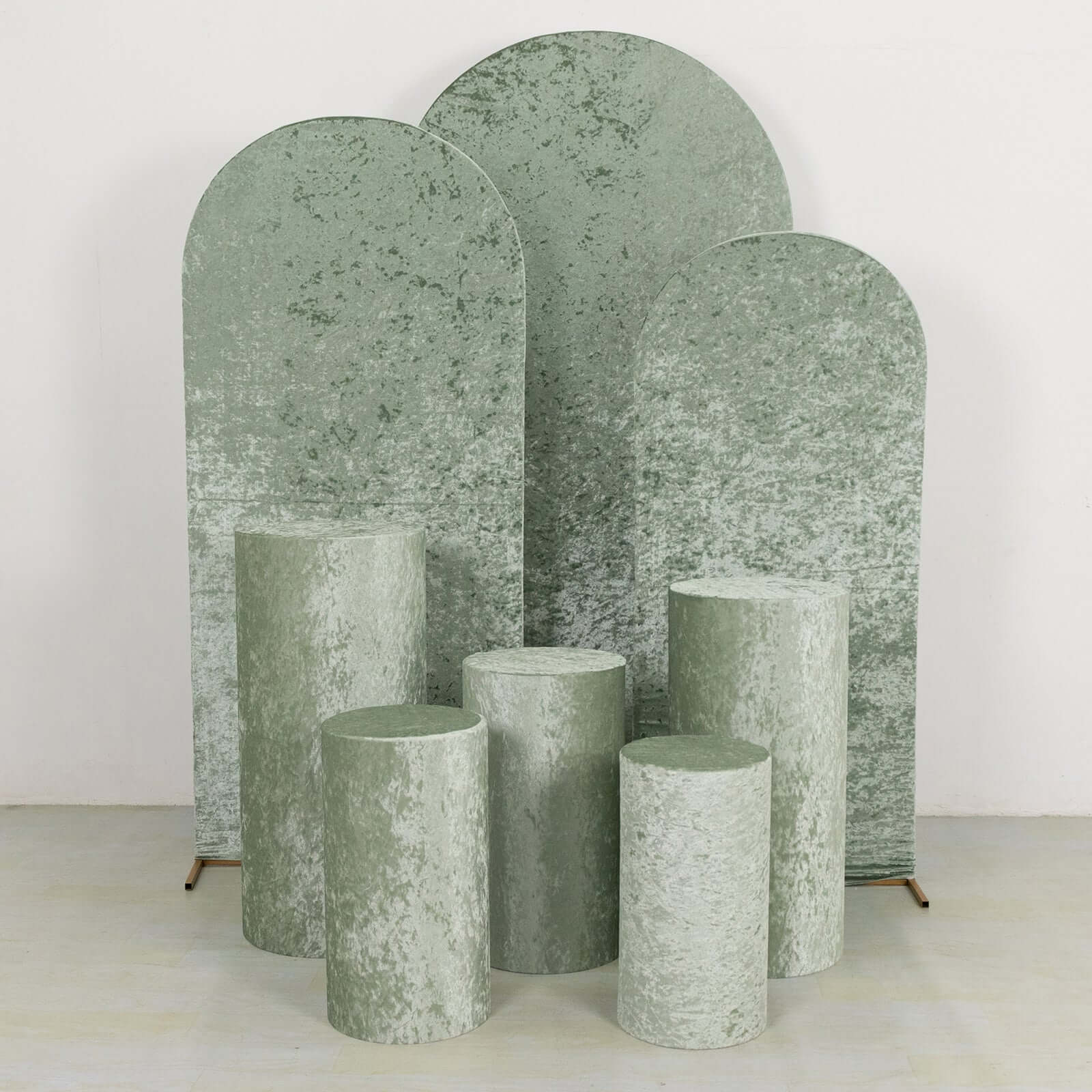 Set of 5 Sage Green Crushed Velvet Cylinder Pedestal Stand Covers, Premium Pillar Prop Covers - Bell Racket Store