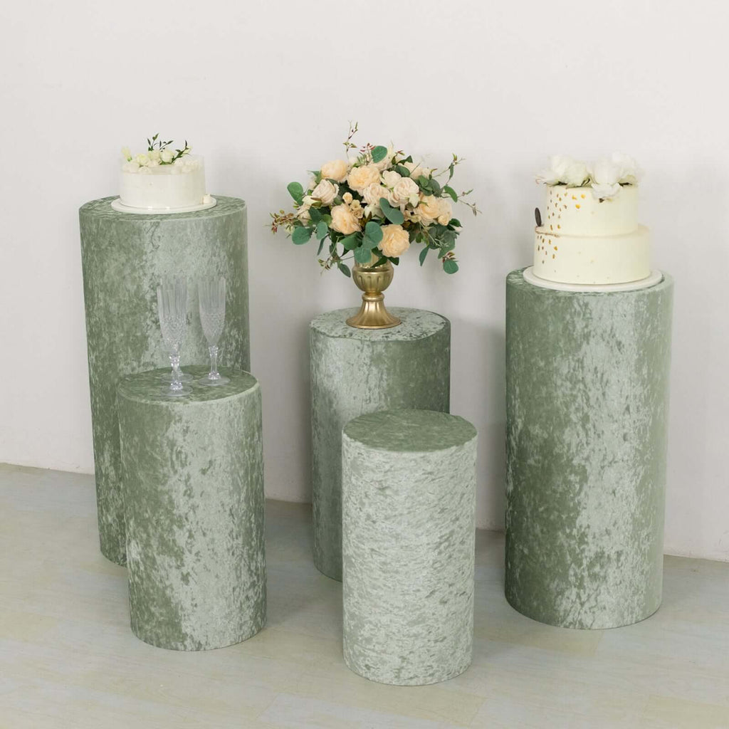 Set of 5 Sage Green Crushed Velvet Cylinder Pedestal Stand Covers, Premium Pillar Prop Covers - Bell Racket Store