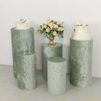Set of 5 Sage Green Crushed Velvet Cylinder Pedestal Stand Covers, Premium Pillar Prop Covers - Bell Racket Store