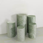 Set of 5 Sage Green Crushed Velvet Cylinder Pedestal Stand Covers, Premium Pillar Prop Covers - Bell Racket Store