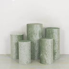Set of 5 Sage Green Crushed Velvet Cylinder Pedestal Stand Covers, Premium Pillar Prop Covers - Bell Racket Store
