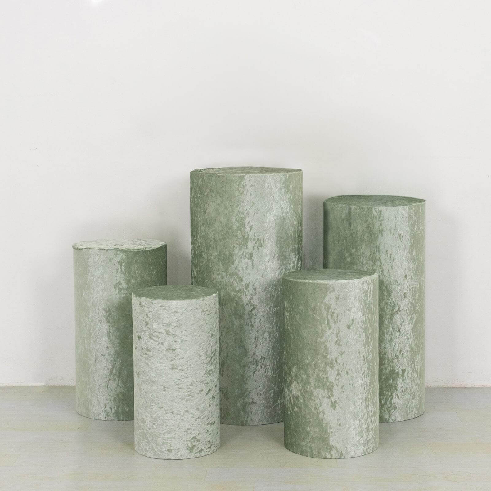 Set of 5 Sage Green Crushed Velvet Cylinder Pedestal Stand Covers, Premium Pillar Prop Covers - Bell Racket Store