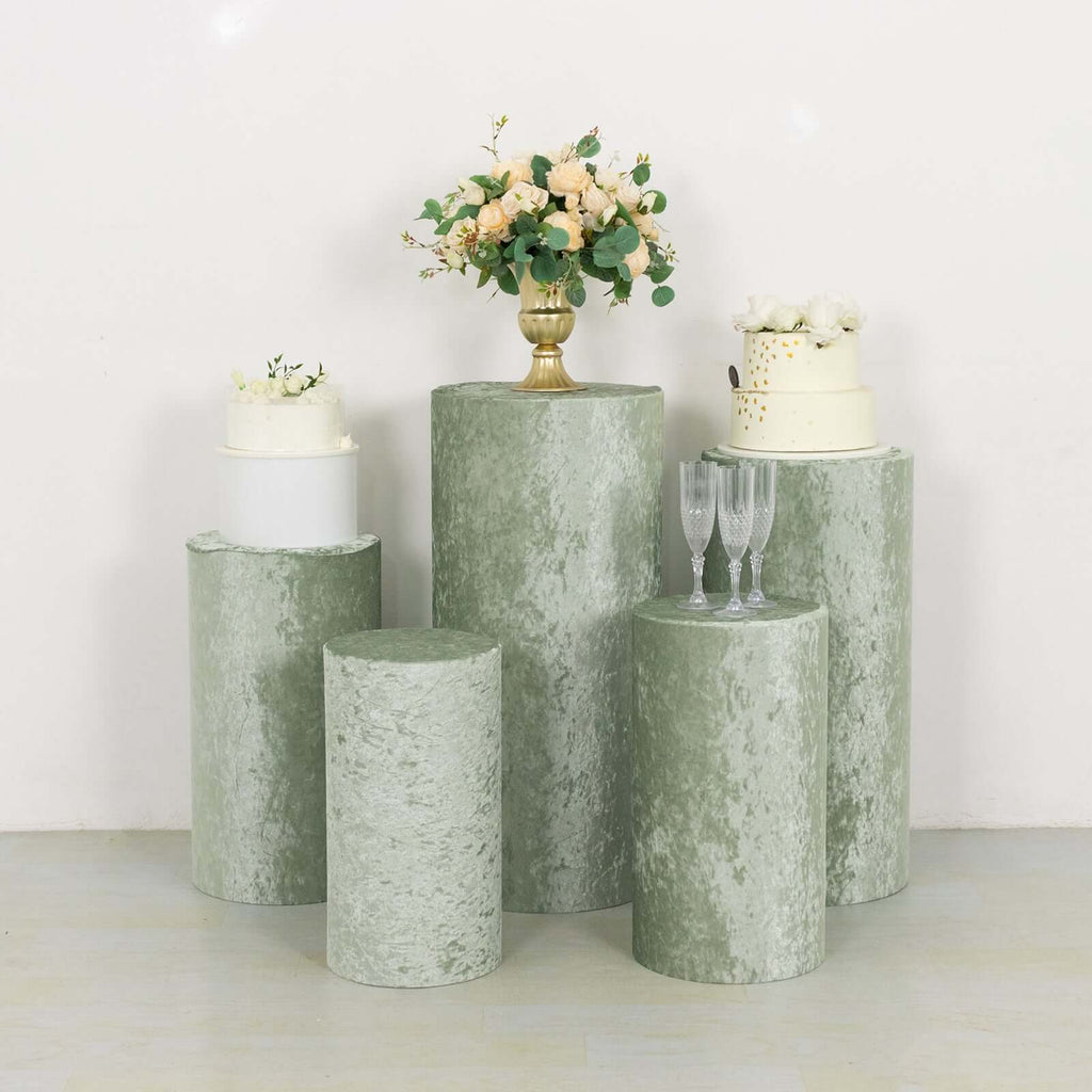 Set of 5 Sage Green Crushed Velvet Cylinder Pedestal Stand Covers, Premium Pillar Prop Covers - Bell Racket Store