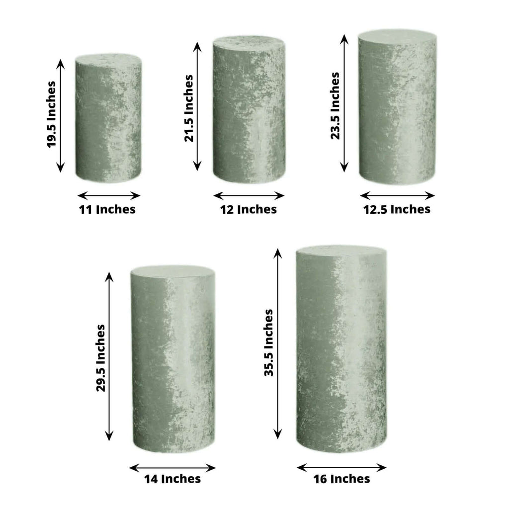 Set of 5 Sage Green Crushed Velvet Cylinder Pedestal Stand Covers, Premium Pillar Prop Covers - Bell Racket Store