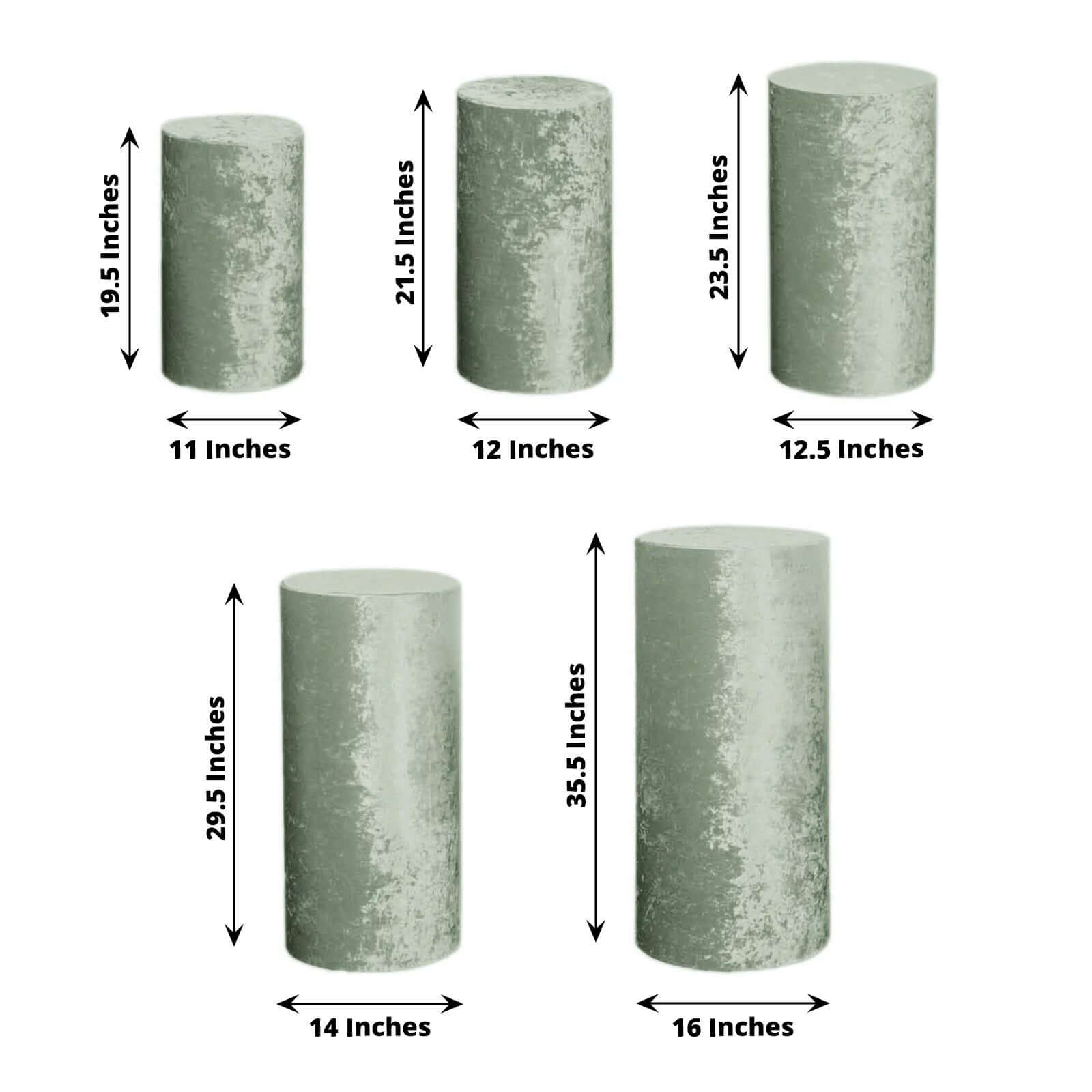 Set of 5 Sage Green Crushed Velvet Cylinder Pedestal Stand Covers, Premium Pillar Prop Covers - Bell Racket Store