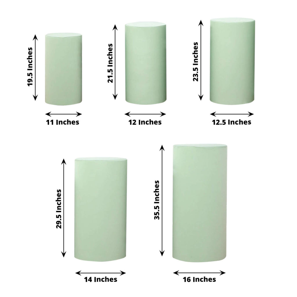 Set of 5 Sage Green Spandex Cylinder Pedestal Stand Covers, Stretchable Pillar Prop Covers - 160 GSM - Bell Racket Store