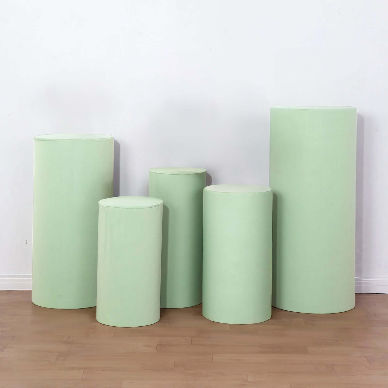 Set of 5 Sage Green Spandex Cylinder Pedestal Stand Covers, Stretchable Pillar Prop Covers - 160 GSM - Bell Racket Store