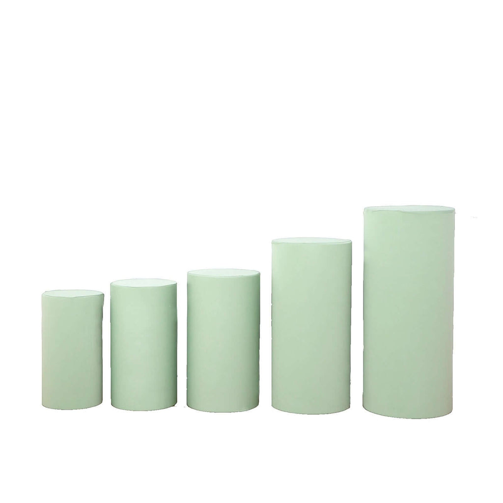 Set of 5 Sage Green Spandex Cylinder Pedestal Stand Covers, Stretchable Pillar Prop Covers - 160 GSM - Bell Racket Store