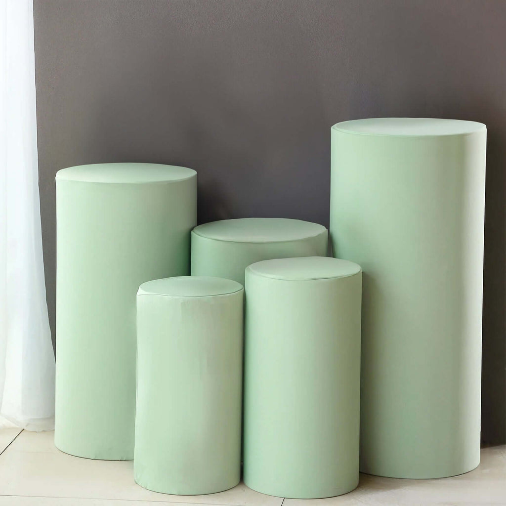 Set of 5 Sage Green Spandex Cylinder Pedestal Stand Covers, Stretchable Pillar Prop Covers - 160 GSM - Bell Racket Store