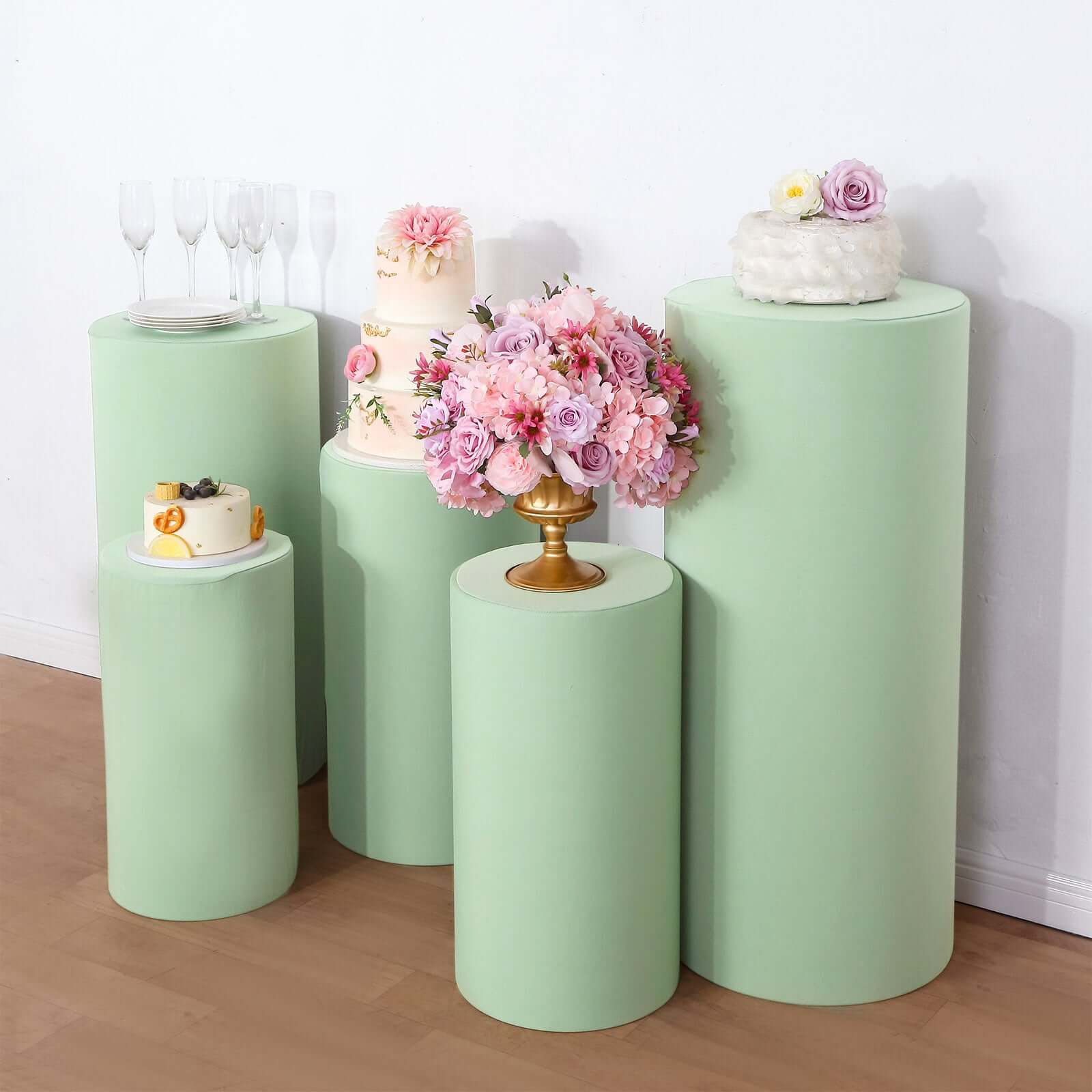 Set of 5 Sage Green Spandex Cylinder Pedestal Stand Covers, Stretchable Pillar Prop Covers - 160 GSM - Bell Racket Store