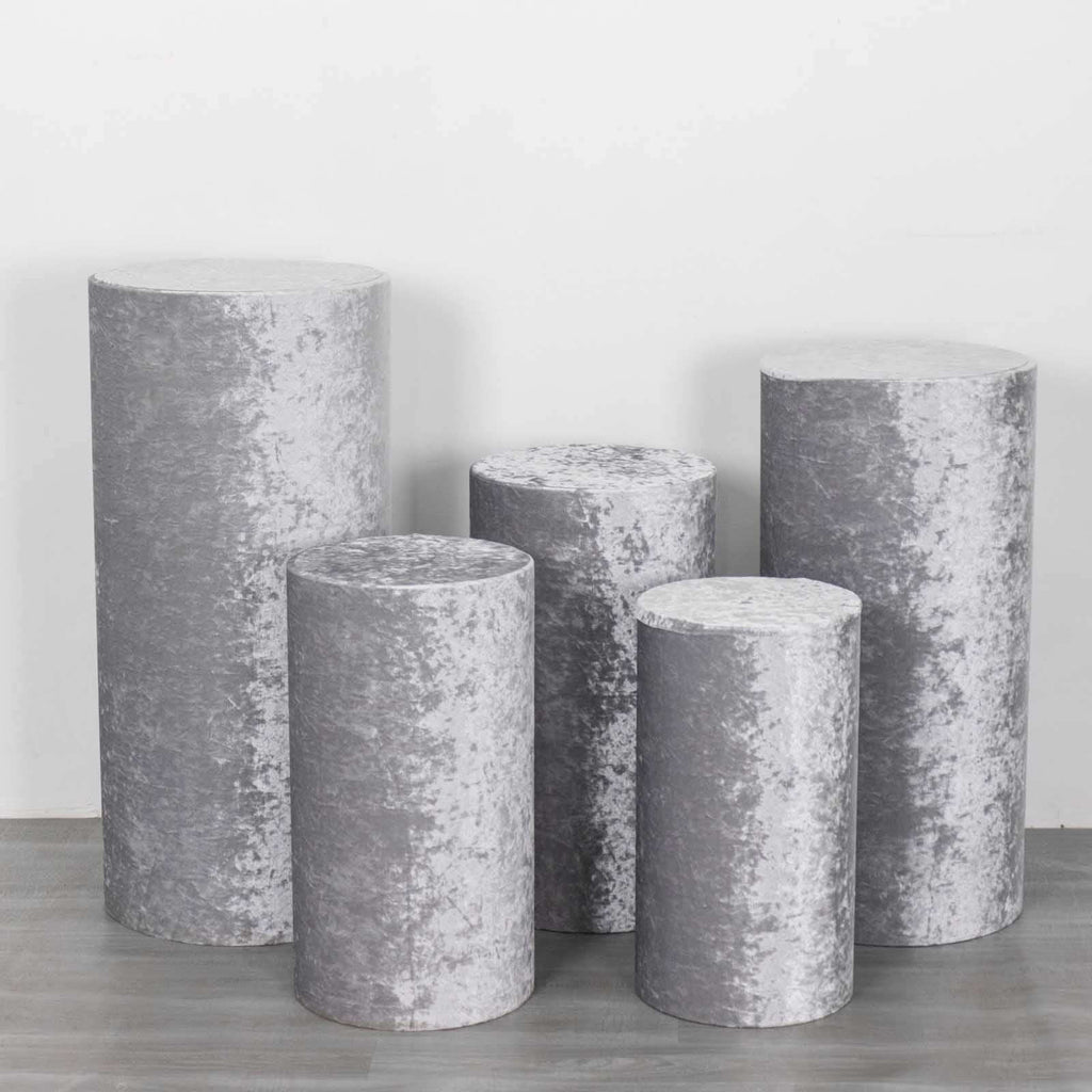 Set of 5 Silver Crushed Velvet Cylinder Pedestal Stand Covers, Premium Pillar Prop Covers - Bell Racket Store
