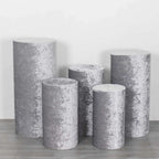 Set of 5 Silver Crushed Velvet Cylinder Pedestal Stand Covers, Premium Pillar Prop Covers - Bell Racket Store