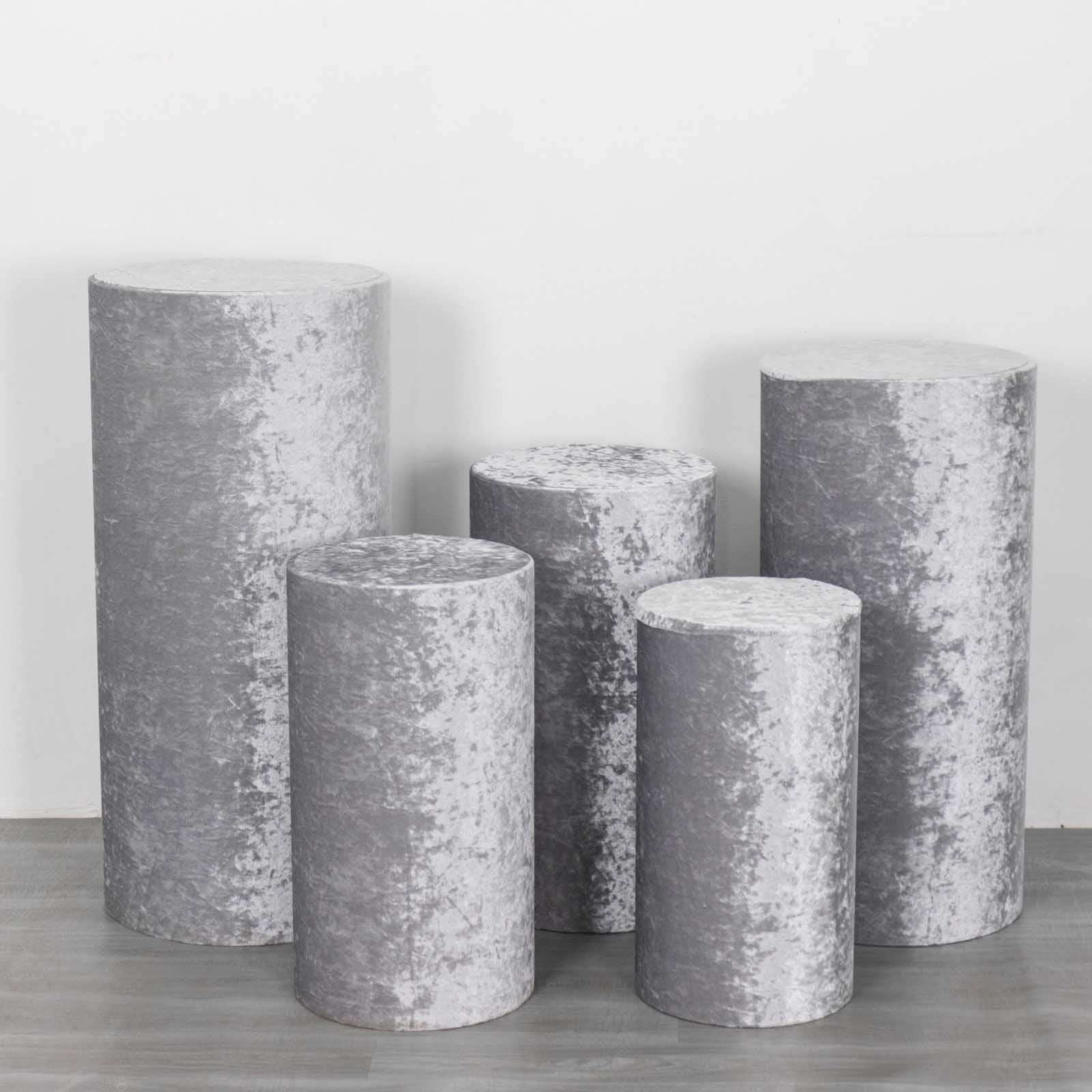 Set of 5 Silver Crushed Velvet Cylinder Pedestal Stand Covers, Premium Pillar Prop Covers - Bell Racket Store