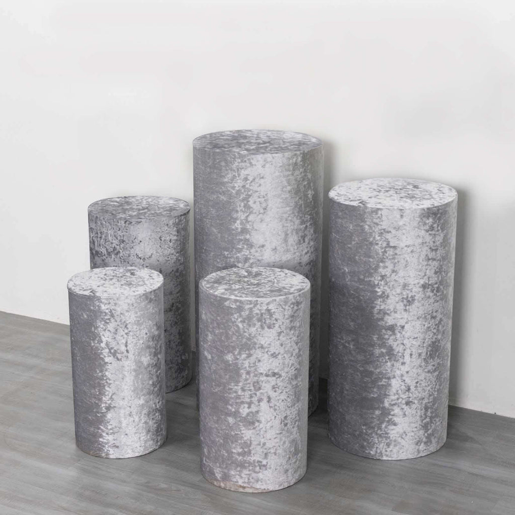 Set of 5 Silver Crushed Velvet Cylinder Pedestal Stand Covers, Premium Pillar Prop Covers - Bell Racket Store