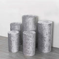 Set of 5 Silver Crushed Velvet Cylinder Pedestal Stand Covers, Premium Pillar Prop Covers - Bell Racket Store