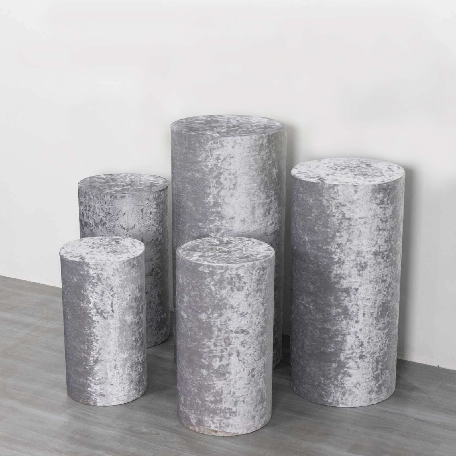 Set of 5 Silver Crushed Velvet Cylinder Pedestal Stand Covers, Premium Pillar Prop Covers - Bell Racket Store