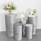 Set of 5 Silver Crushed Velvet Cylinder Pedestal Stand Covers, Premium Pillar Prop Covers - Bell Racket Store