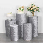 Set of 5 Silver Crushed Velvet Cylinder Pedestal Stand Covers, Premium Pillar Prop Covers - Bell Racket Store