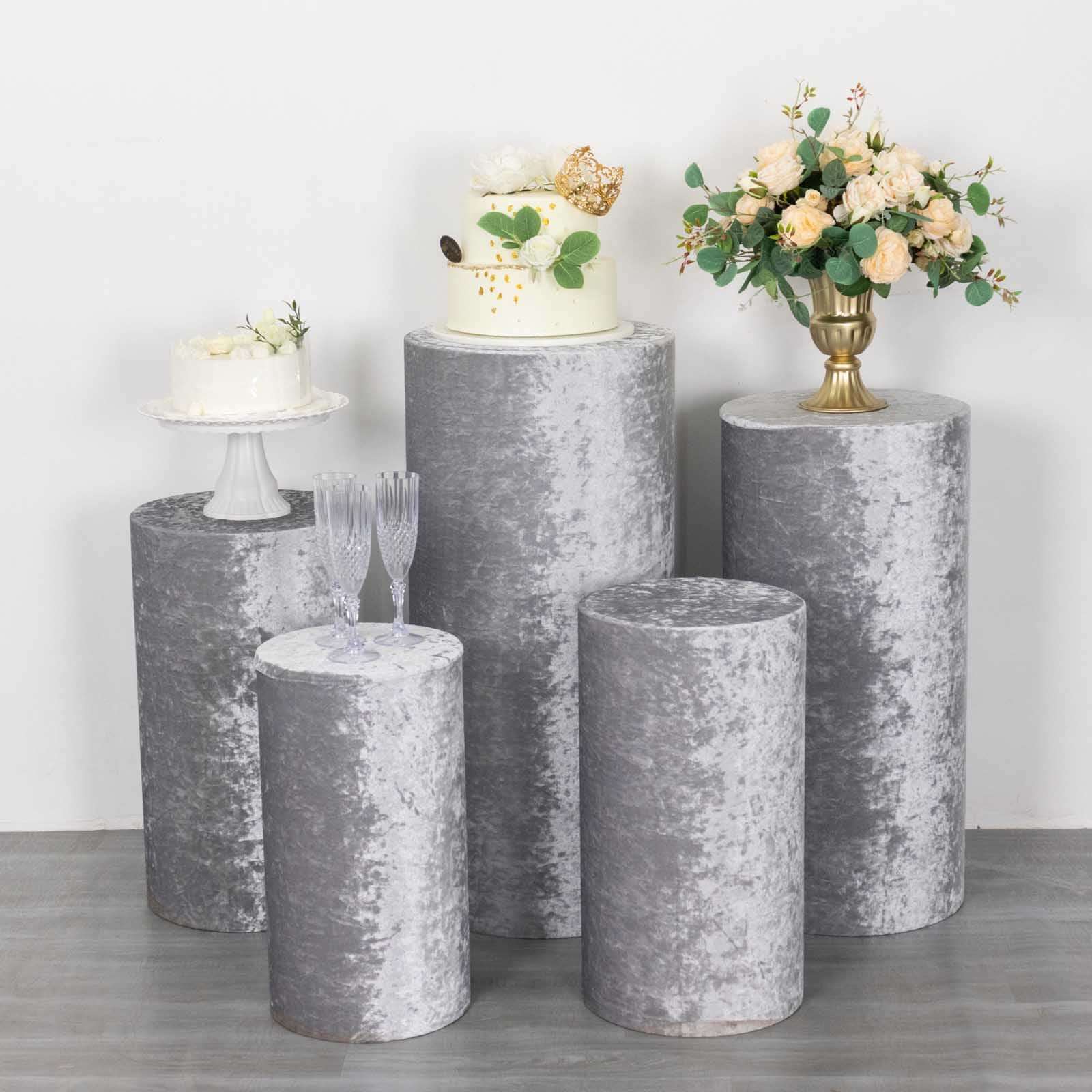 Set of 5 Silver Crushed Velvet Cylinder Pedestal Stand Covers, Premium Pillar Prop Covers - Bell Racket Store