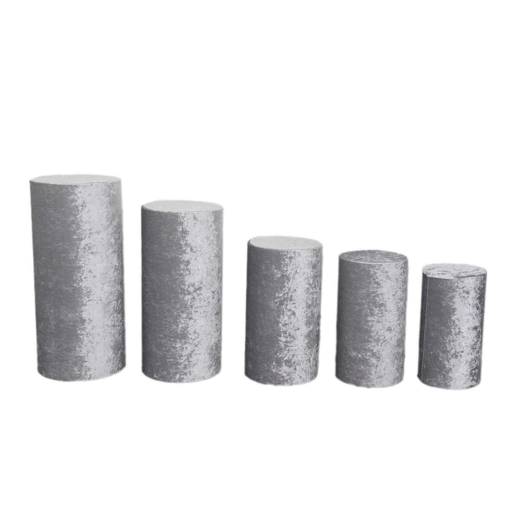 Set of 5 Silver Crushed Velvet Cylinder Pedestal Stand Covers, Premium Pillar Prop Covers - Bell Racket Store