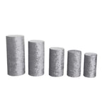 Set of 5 Silver Crushed Velvet Cylinder Pedestal Stand Covers, Premium Pillar Prop Covers - Bell Racket Store