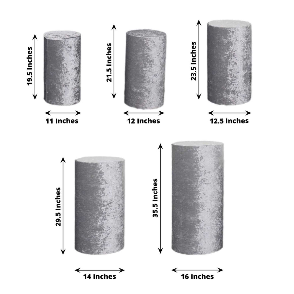 Set of 5 Silver Crushed Velvet Cylinder Pedestal Stand Covers, Premium Pillar Prop Covers - Bell Racket Store