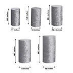 Set of 5 Silver Crushed Velvet Cylinder Pedestal Stand Covers, Premium Pillar Prop Covers - Bell Racket Store
