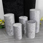 Set of 5 Silver Crushed Velvet Cylinder Pedestal Stand Covers, Premium Pillar Prop Covers - Bell Racket Store