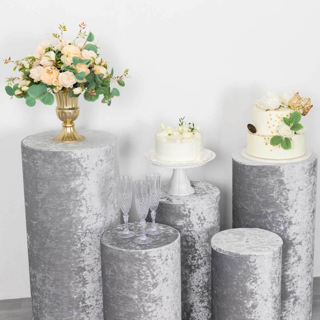 Set of 5 Silver Crushed Velvet Cylinder Pedestal Stand Covers, Premium Pillar Prop Covers - Bell Racket Store