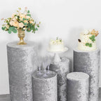 Set of 5 Silver Crushed Velvet Cylinder Pedestal Stand Covers, Premium Pillar Prop Covers - Bell Racket Store