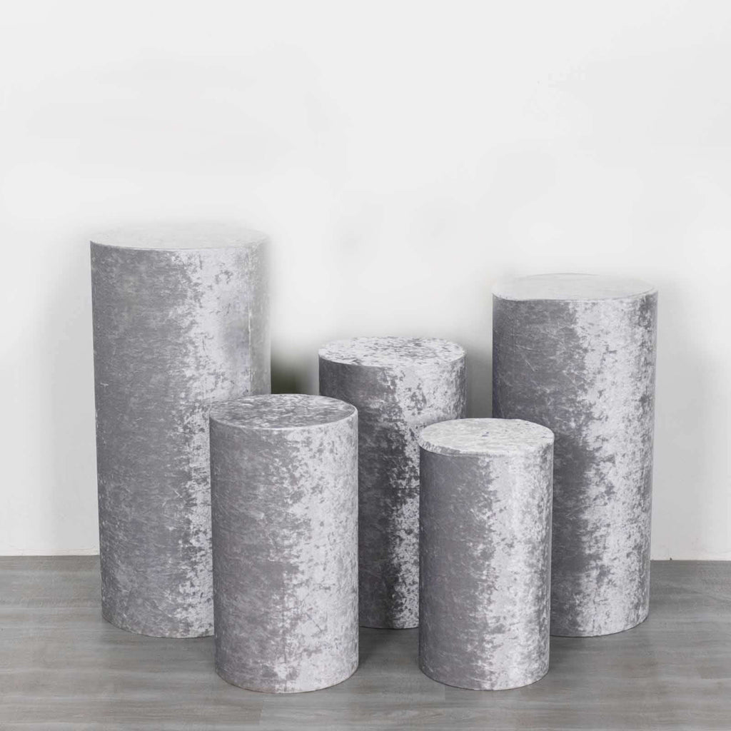 Set of 5 Silver Crushed Velvet Cylinder Pedestal Stand Covers, Premium Pillar Prop Covers - Bell Racket Store