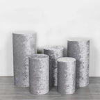 Set of 5 Silver Crushed Velvet Cylinder Pedestal Stand Covers, Premium Pillar Prop Covers - Bell Racket Store