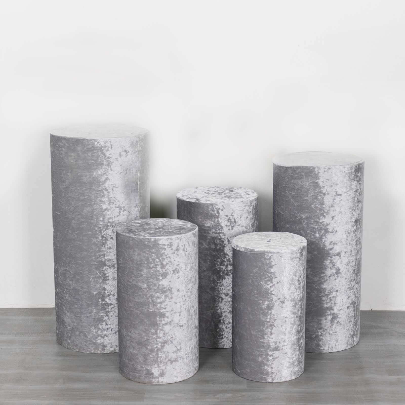 Set of 5 Silver Crushed Velvet Cylinder Pedestal Stand Covers, Premium Pillar Prop Covers - Bell Racket Store