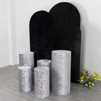 Set of 5 Silver Crushed Velvet Cylinder Pedestal Stand Covers, Premium Pillar Prop Covers - Bell Racket Store