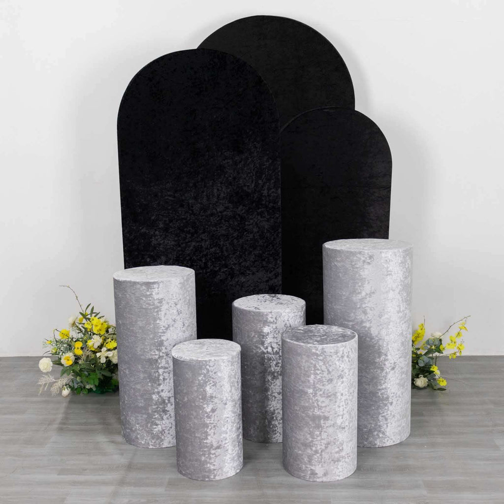 Set of 5 Silver Crushed Velvet Cylinder Pedestal Stand Covers, Premium Pillar Prop Covers - Bell Racket Store