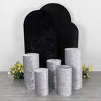 Set of 5 Silver Crushed Velvet Cylinder Pedestal Stand Covers, Premium Pillar Prop Covers - Bell Racket Store