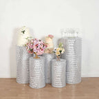 Set of 5 Silver Sequin Mesh Cylinder Pedestal Stand Covers with Geometric Pattern Embroidery, Sparkly Sheer Tulle Pillar Prop Covers - Bell Racket Store
