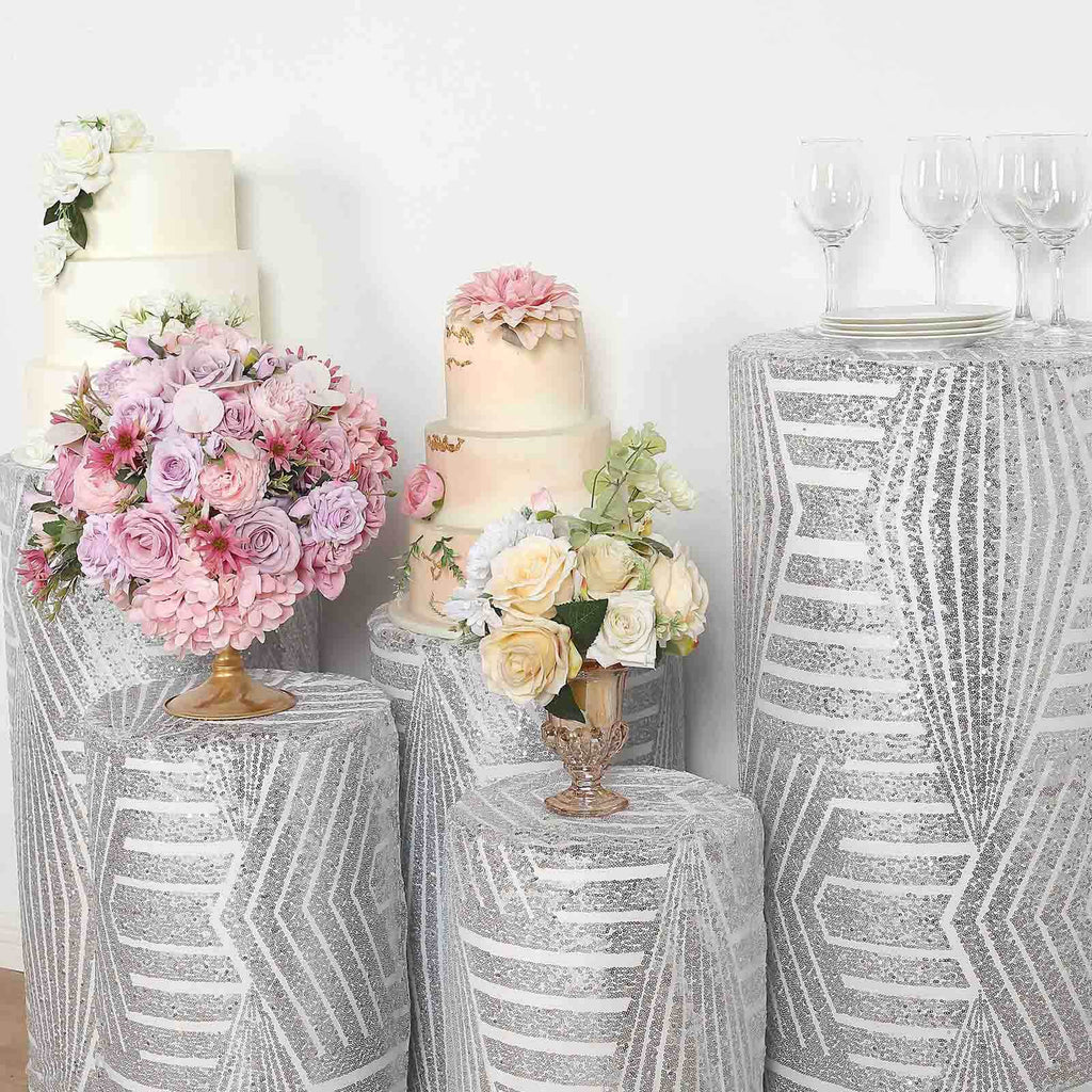 Set of 5 Silver Sequin Mesh Cylinder Pedestal Stand Covers with Geometric Pattern Embroidery, Sparkly Sheer Tulle Pillar Prop Covers - Bell Racket Store