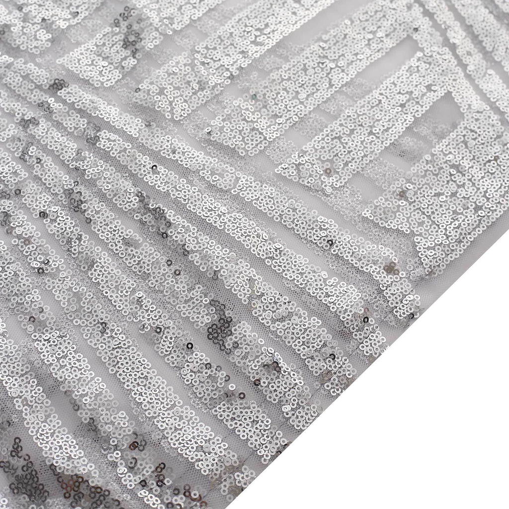 Set of 5 Silver Sequin Mesh Cylinder Pedestal Stand Covers with Geometric Pattern Embroidery, Sparkly Sheer Tulle Pillar Prop Covers - Bell Racket Store