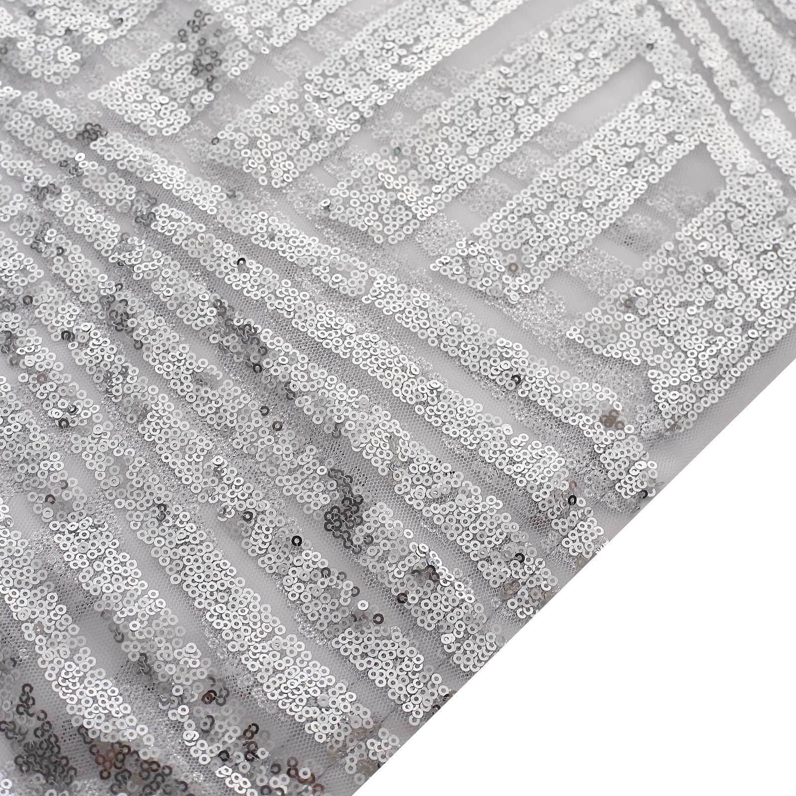 Set of 5 Silver Sequin Mesh Cylinder Pedestal Stand Covers with Geometric Pattern Embroidery, Sparkly Sheer Tulle Pillar Prop Covers - Bell Racket Store