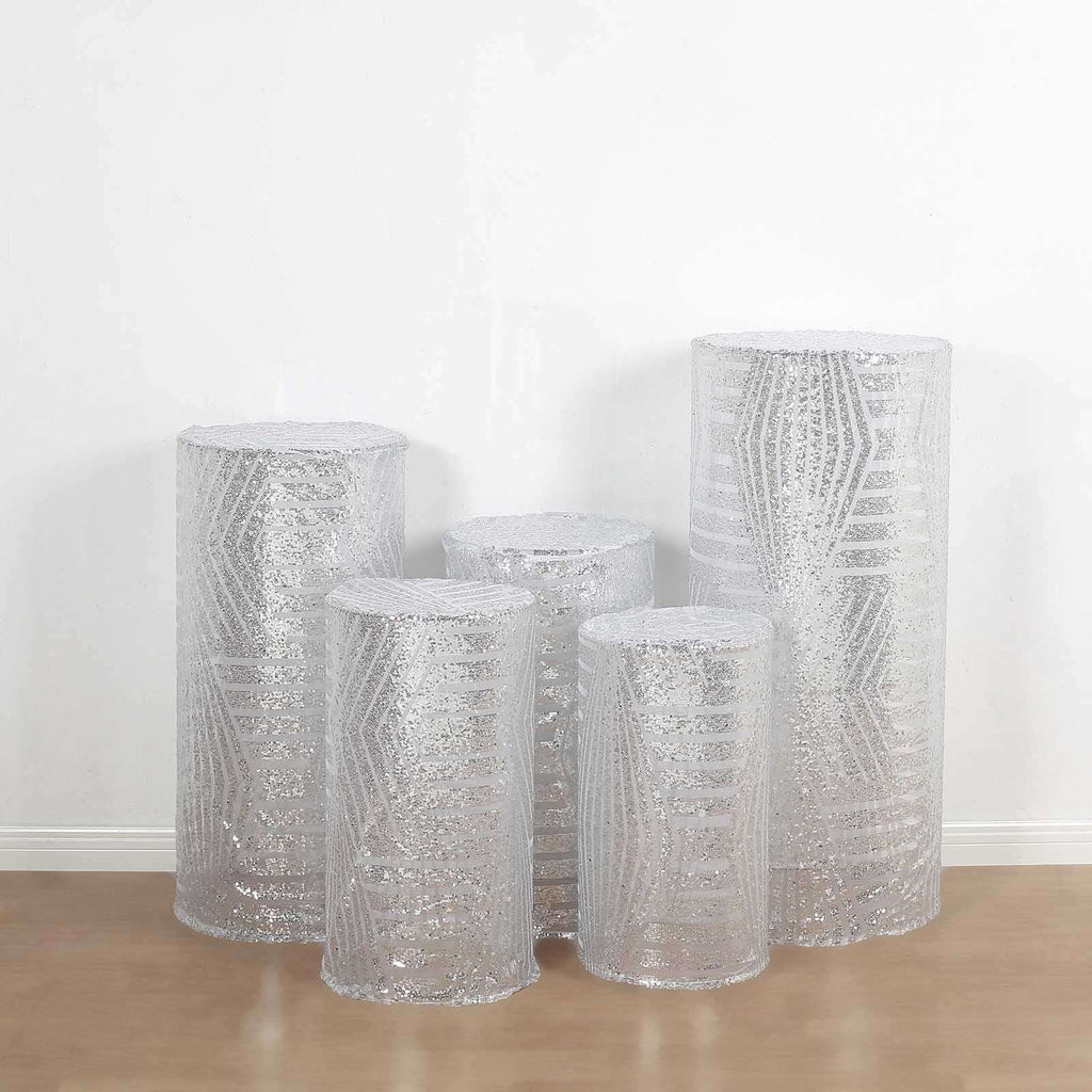 Set of 5 Silver Sequin Mesh Cylinder Pedestal Stand Covers with Geometric Pattern Embroidery, Sparkly Sheer Tulle Pillar Prop Covers - Bell Racket Store