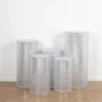 Set of 5 Silver Sequin Mesh Cylinder Pedestal Stand Covers with Geometric Pattern Embroidery, Sparkly Sheer Tulle Pillar Prop Covers - Bell Racket Store